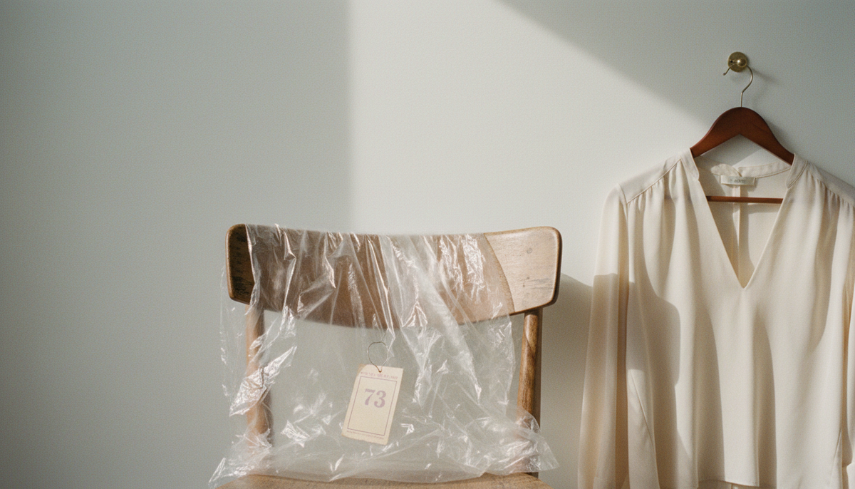 Dry-cleaning bag and ticket on a chair