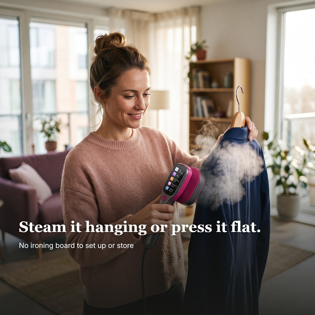 Woman steaming a blazer with the Drapelle Élan