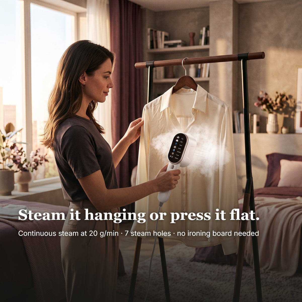 Woman steaming a silk blouse with Drapelle Muse
