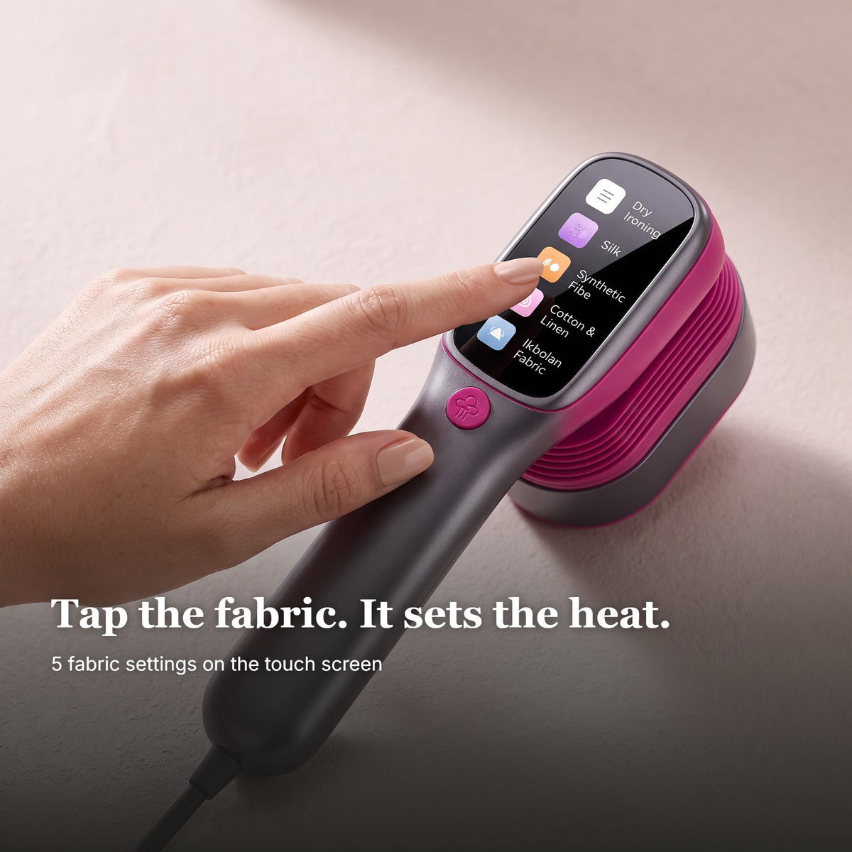 Tapping a fabric setting on the Drapelle Élan touch screen