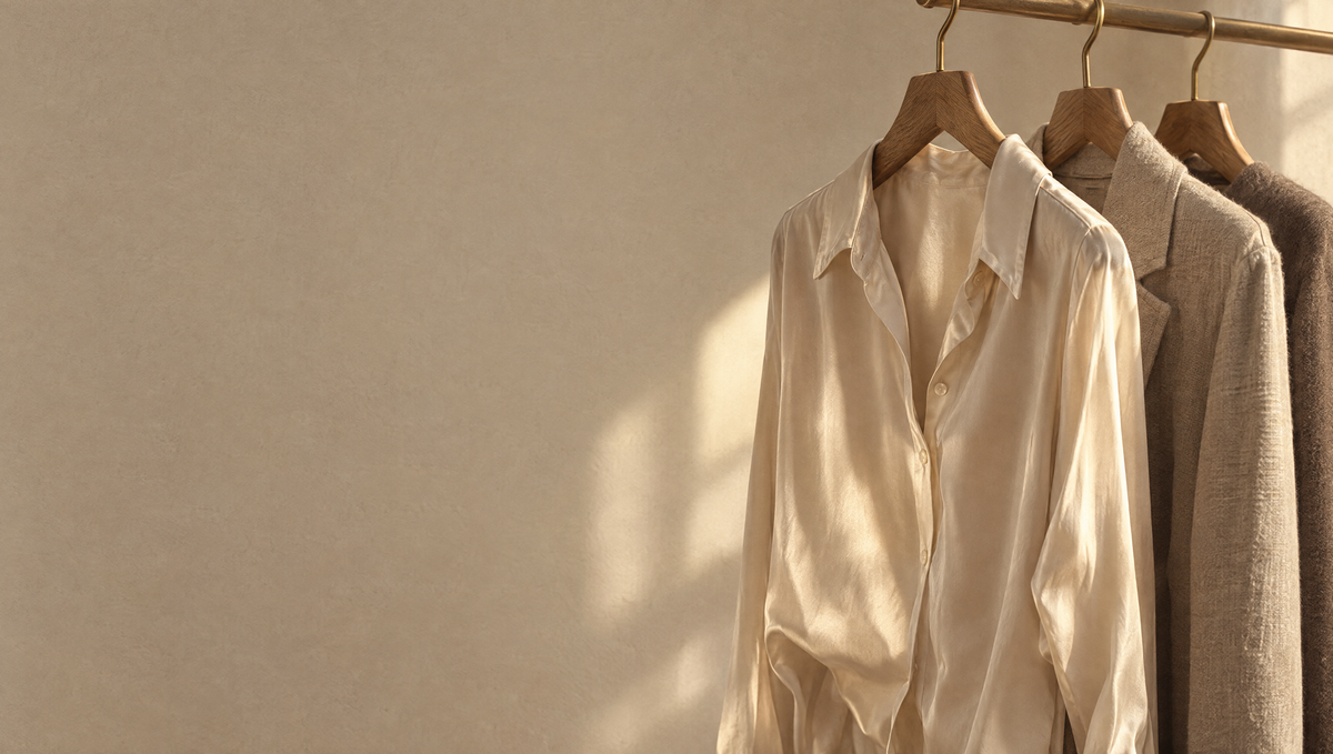 Silk, linen and wool garments on hangers