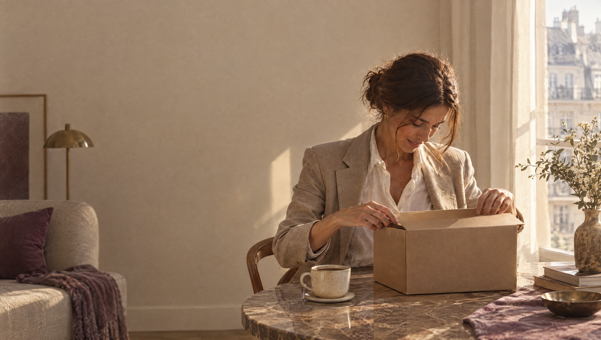 Woman opening a box at her kitchen table