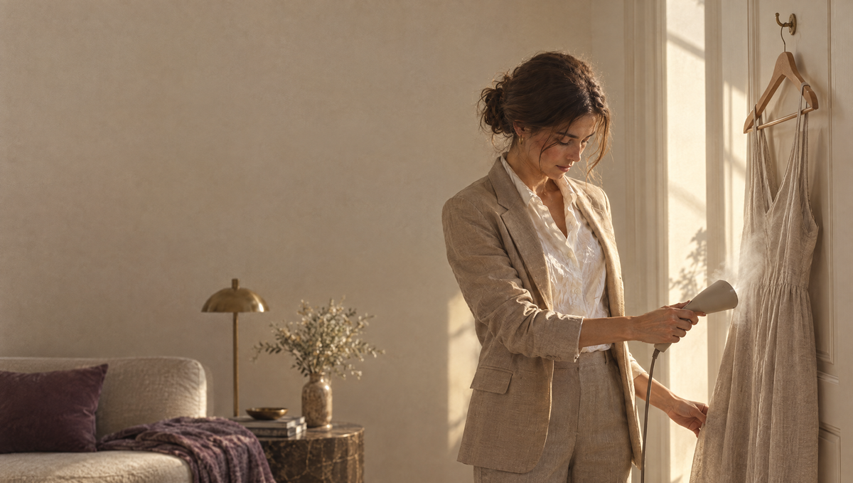 Woman steaming a linen dress on a hook