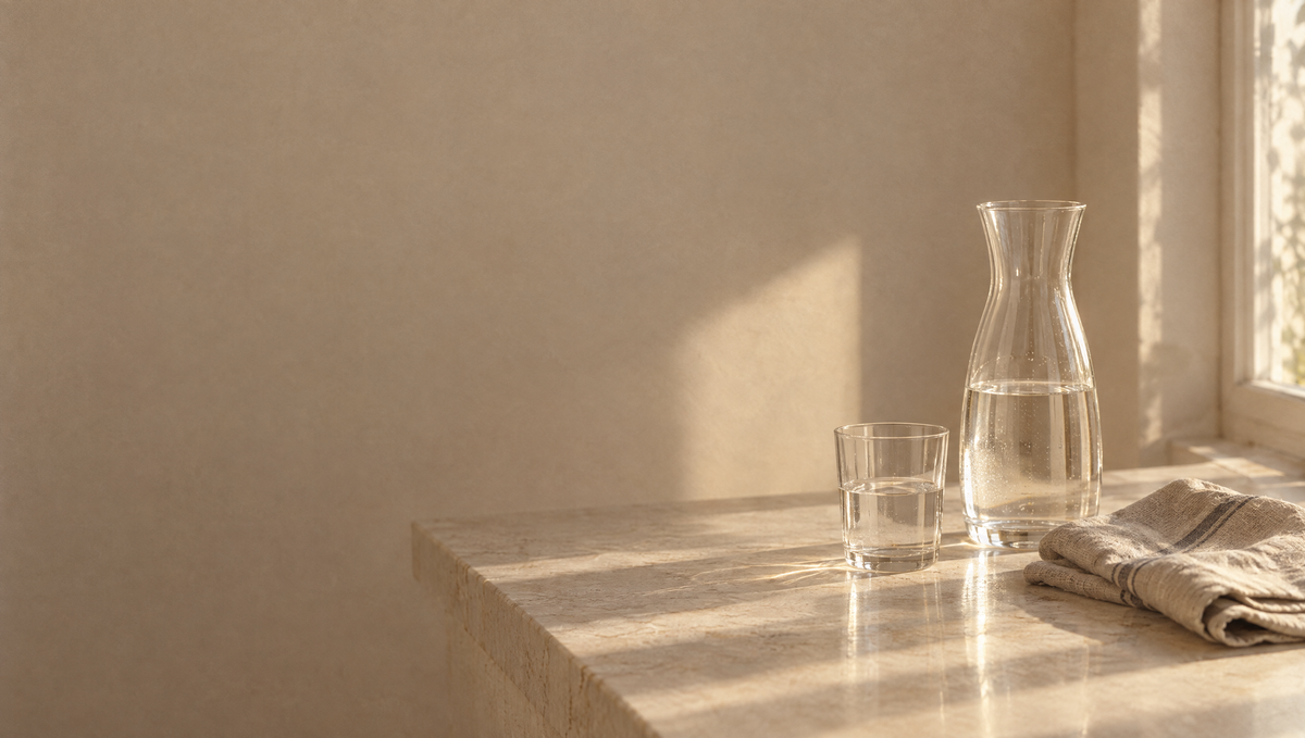 Glass carafe of water on a kitchen counter